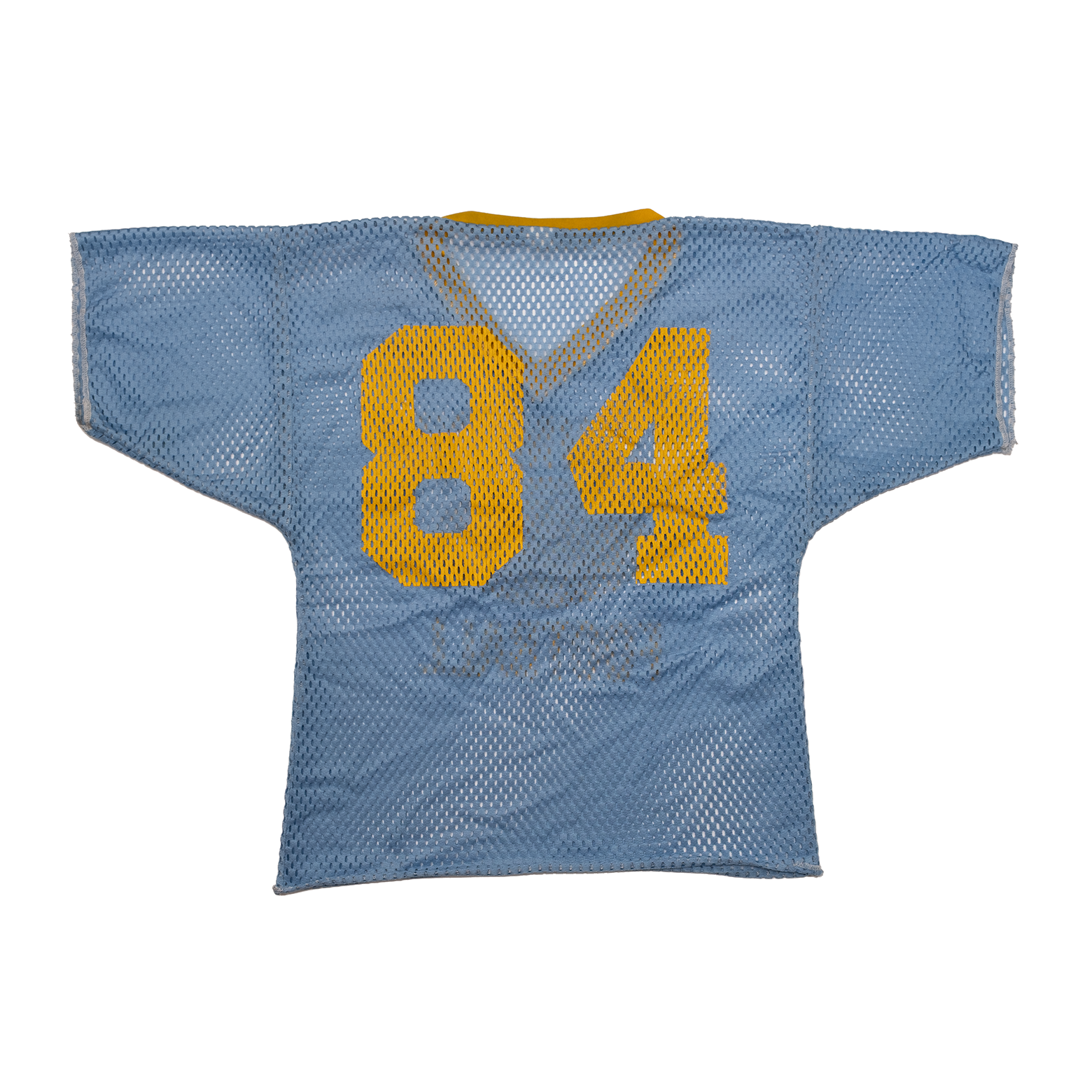 Back view of 1980s Richmond #84 Russell Athletic football jersey with matching #84 on powder blue and white mesh.