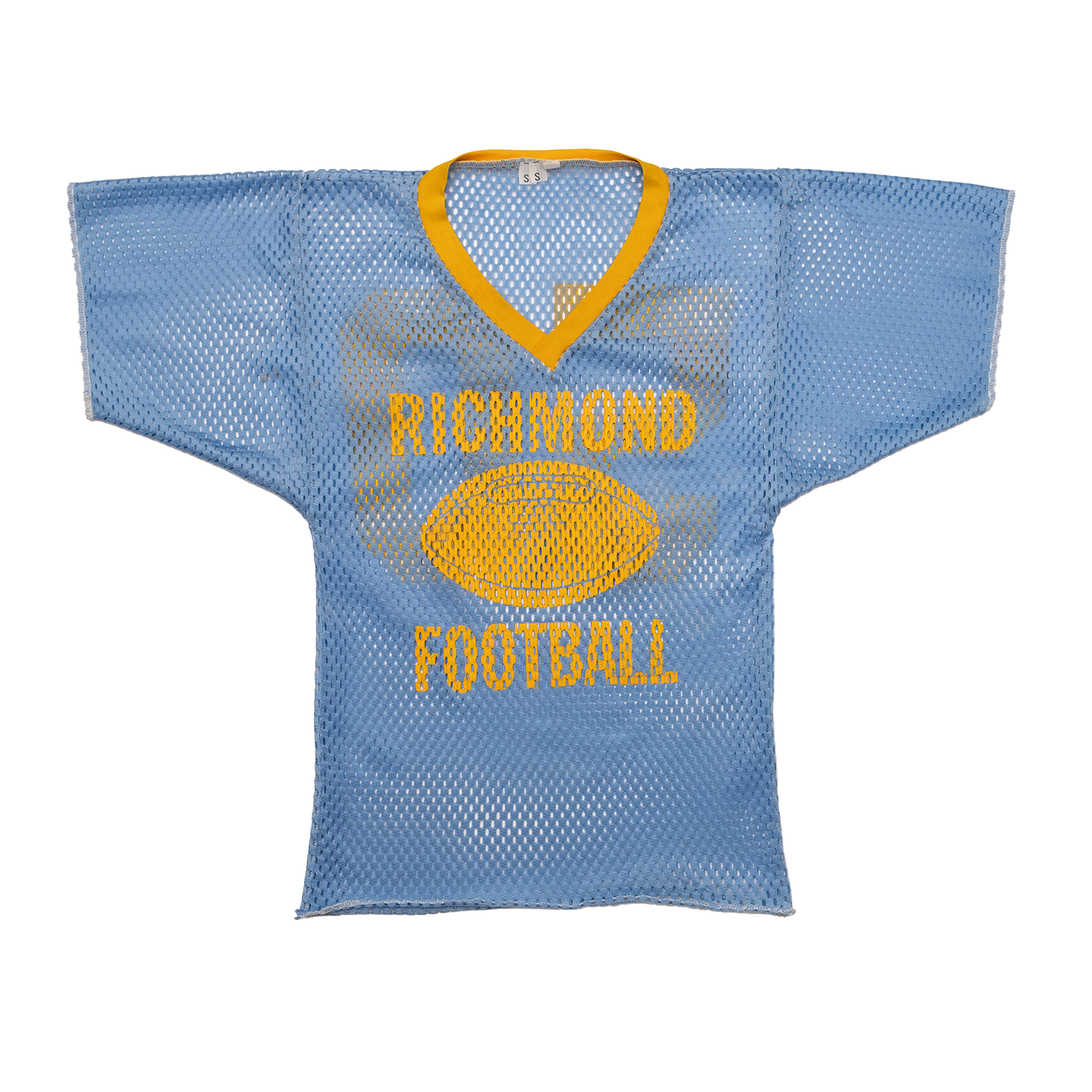 Front view of 1980s Richmond #50 youth Russell Athletic football jersey in pale blue, white, and gold mesh.