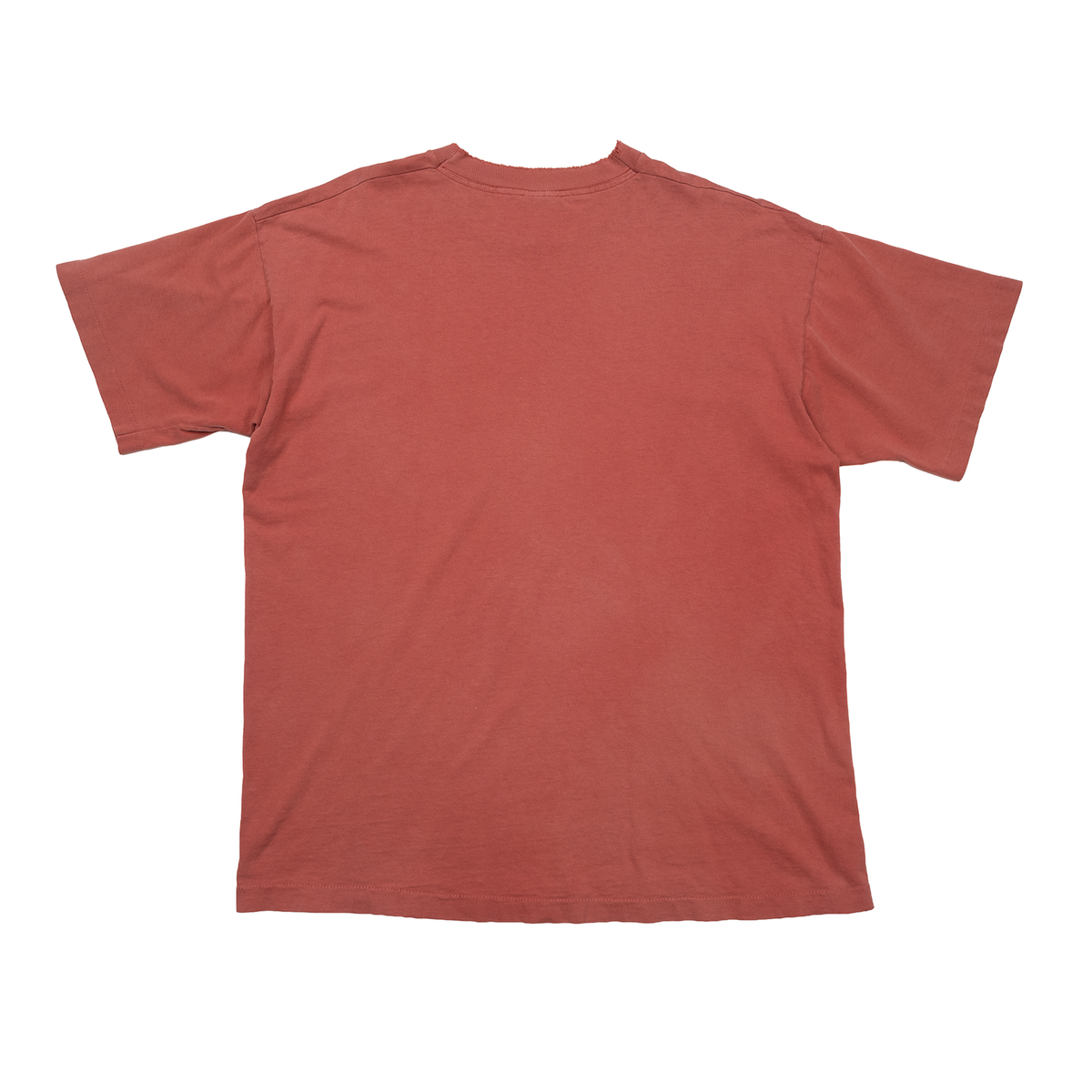 Back view of faded rust 1990s 0% Body Fat Fruit of the Loom T-shirt.