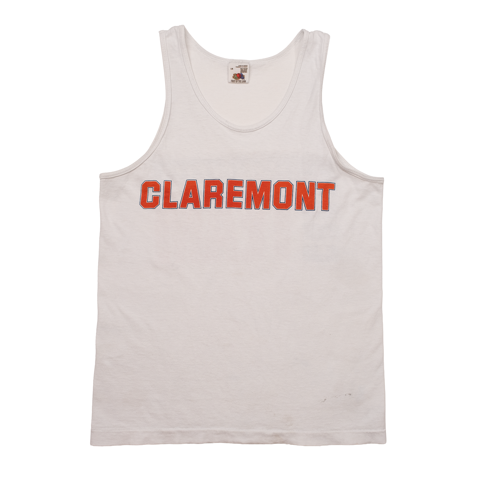 Front view of 1990s Claremont cross country team tank in white with orange and navy lettering.