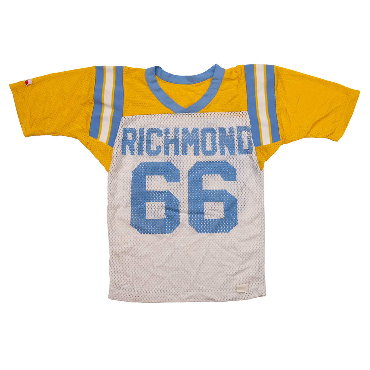 Front view of 1980s Richmond #66 Russell Athletic football jersey in powder blue, white, and gold mesh.