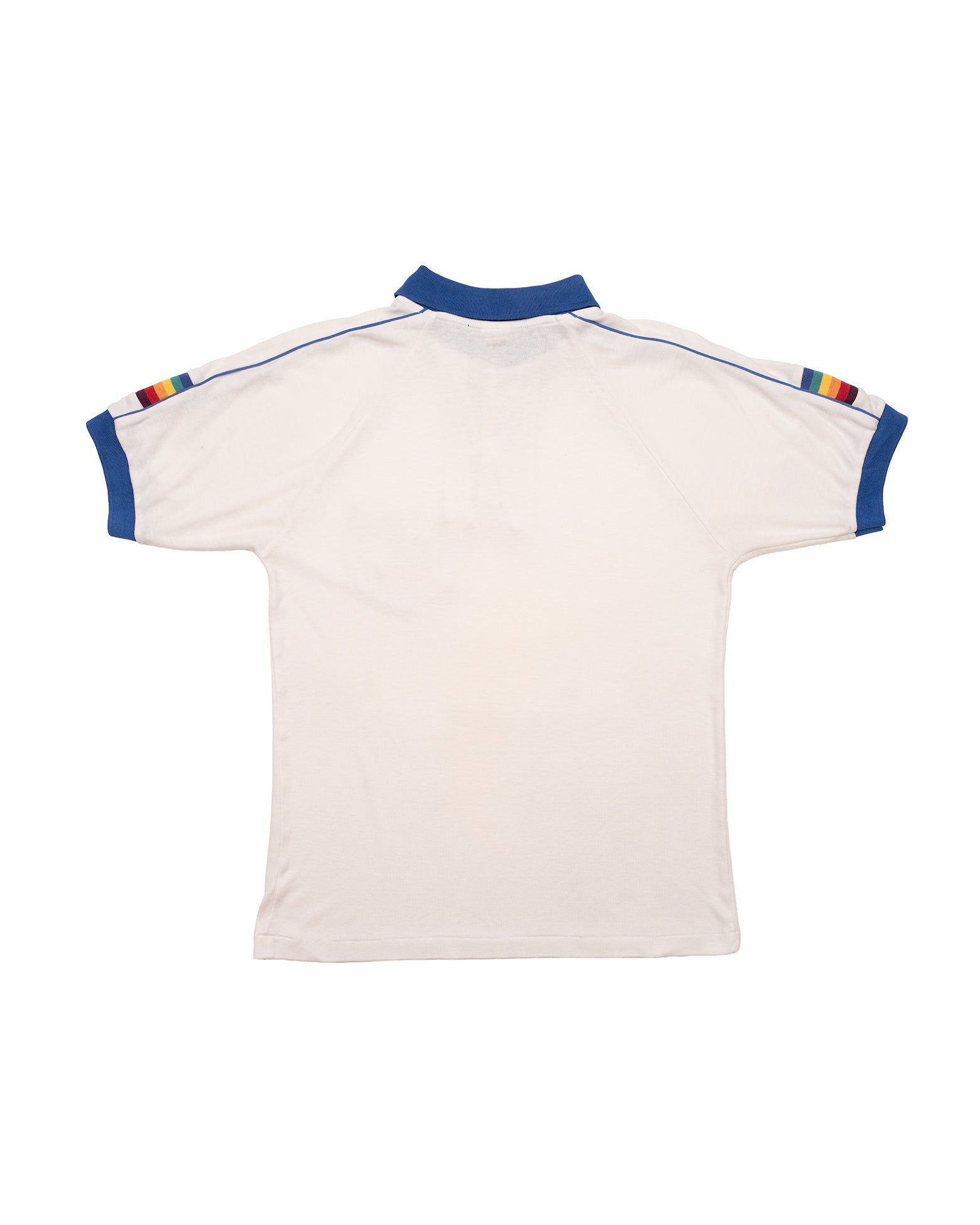 Back view of vintage 1980s 5 Stars Hawaii polo with rainbow sleeve stripes and blue trim