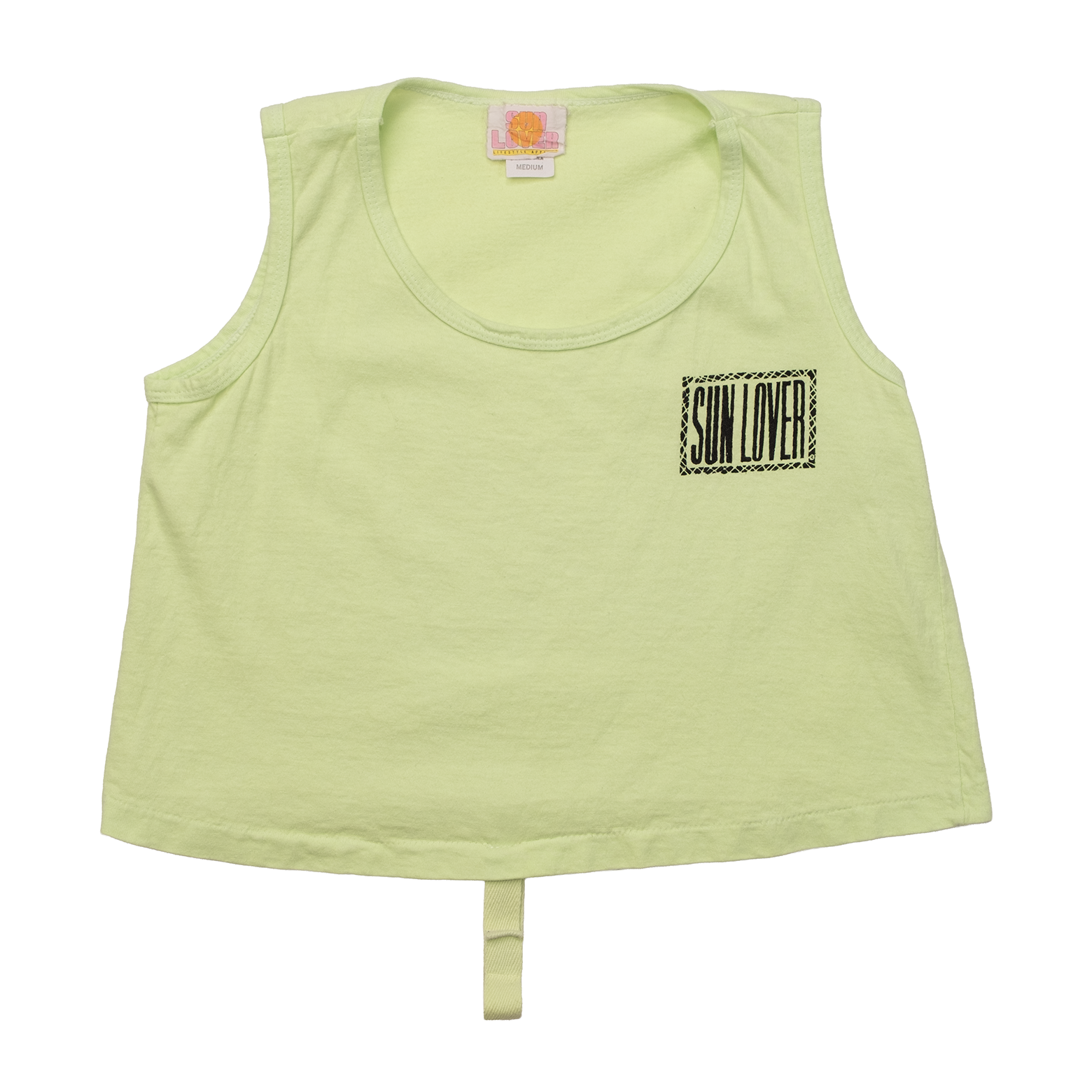 Front view of 1980s Sun Lover neon green cropped tank with black chest logo and center hem loop.