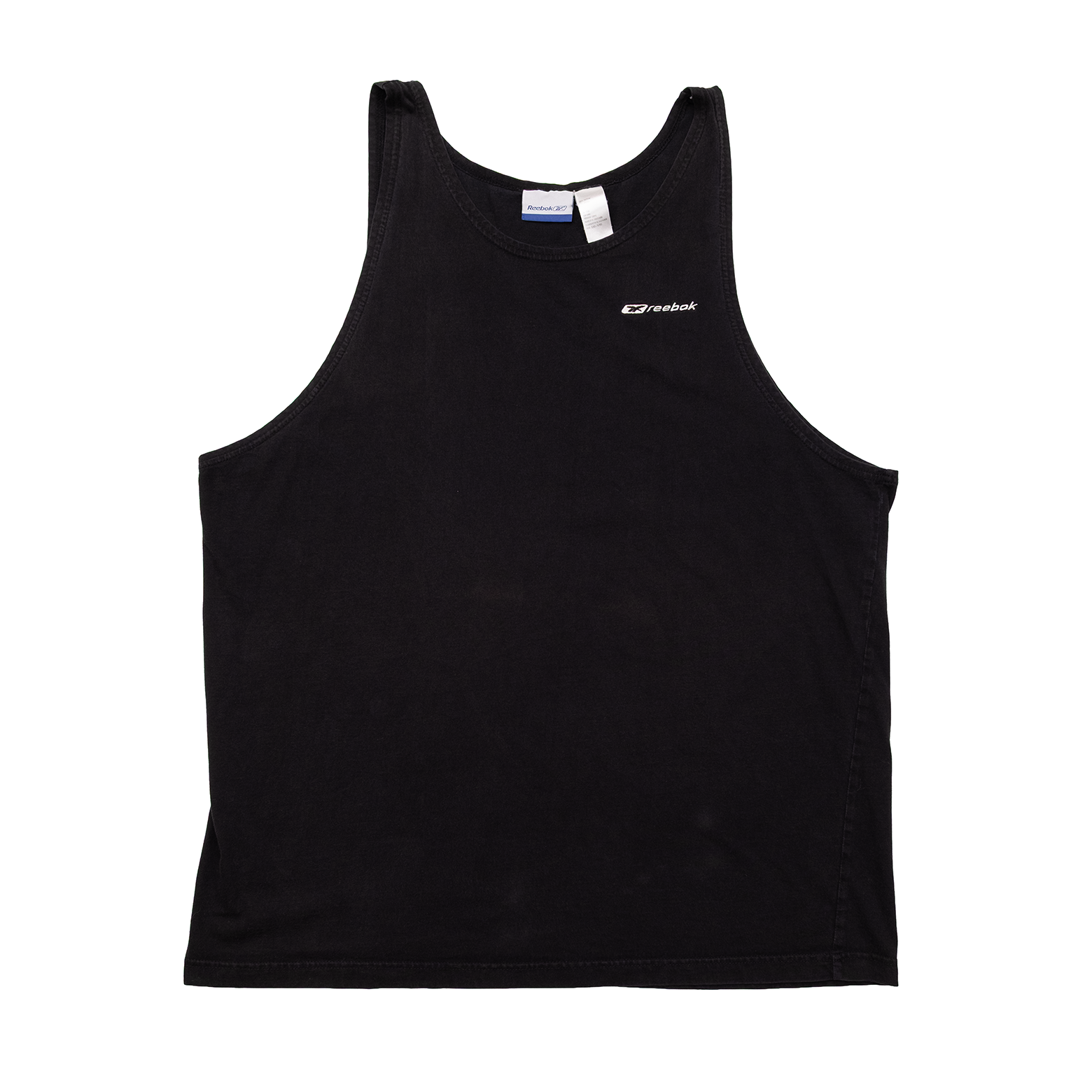 Front view of early-2000s Reebok black muscle tank with small white embroidered Vector logo at the chest.