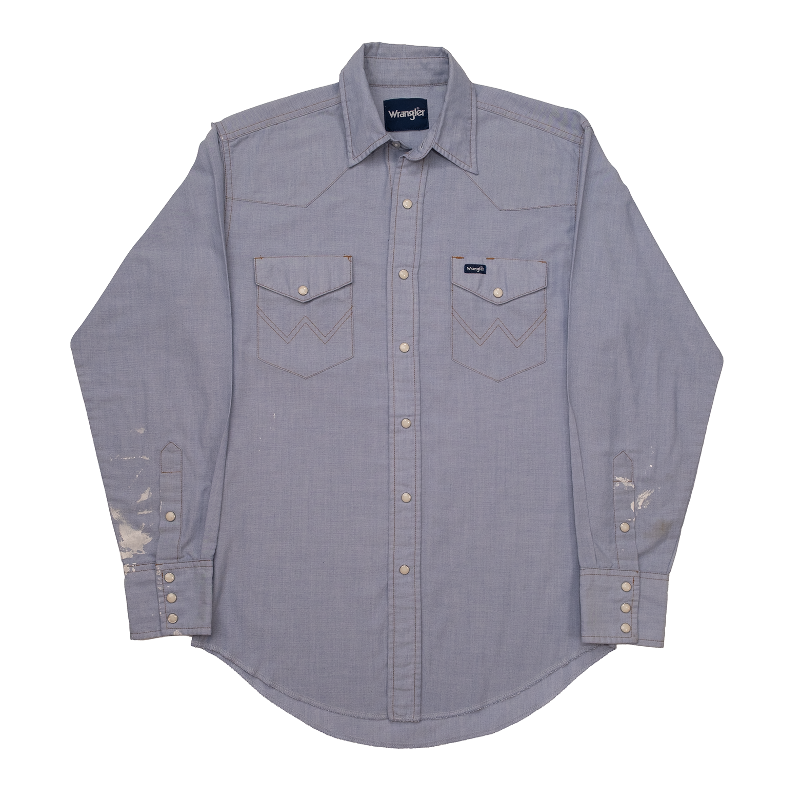 Vintage 1970s Wrangler faded blue chambray pearl snap western shirt, front view