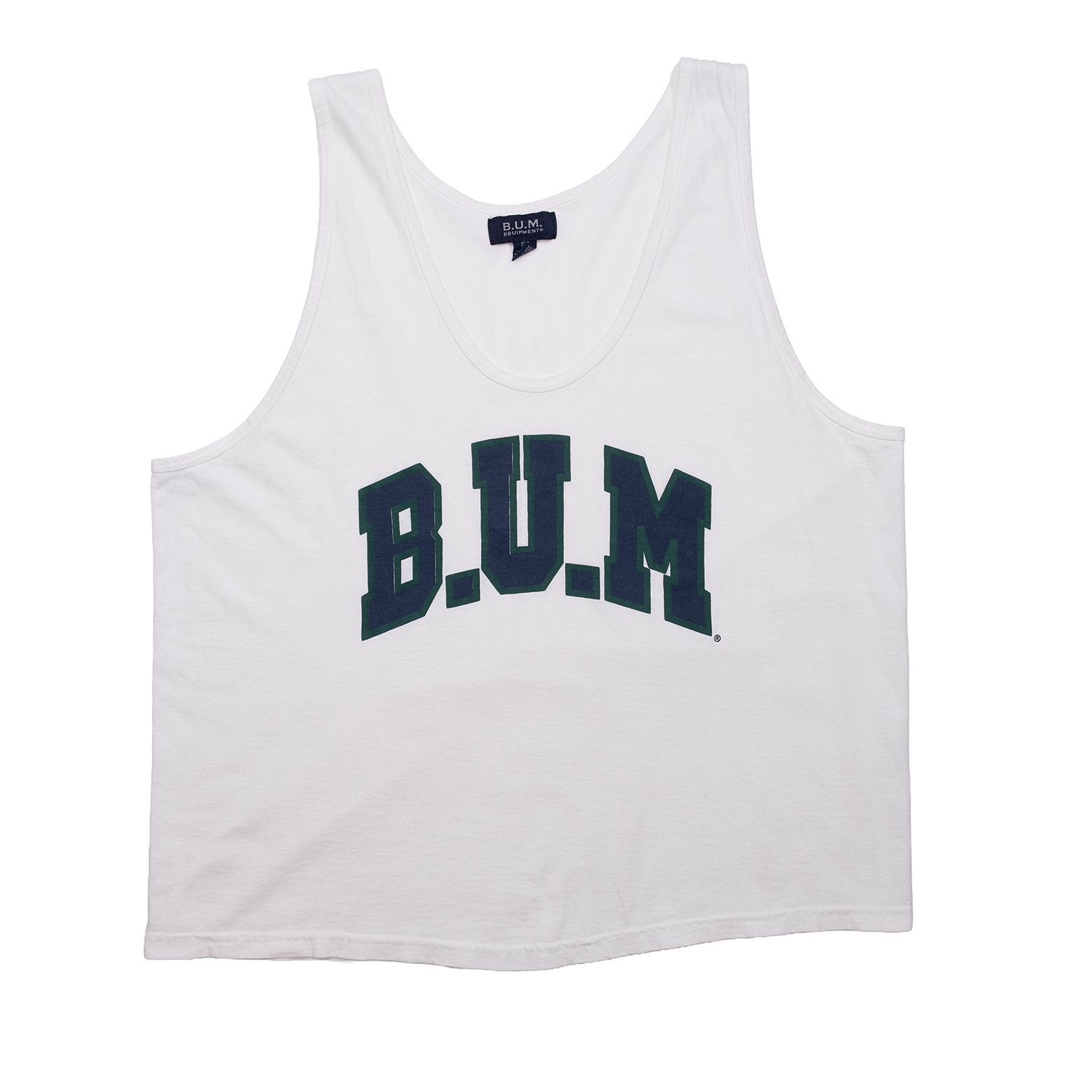 Vintage 1990s white B.U.M. Equipment logo tank top, front view