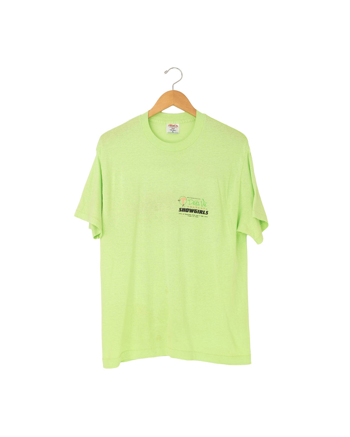 Front view of late-1980s Deja Vu Showgirls neon green T-shirt with small chest graphic.