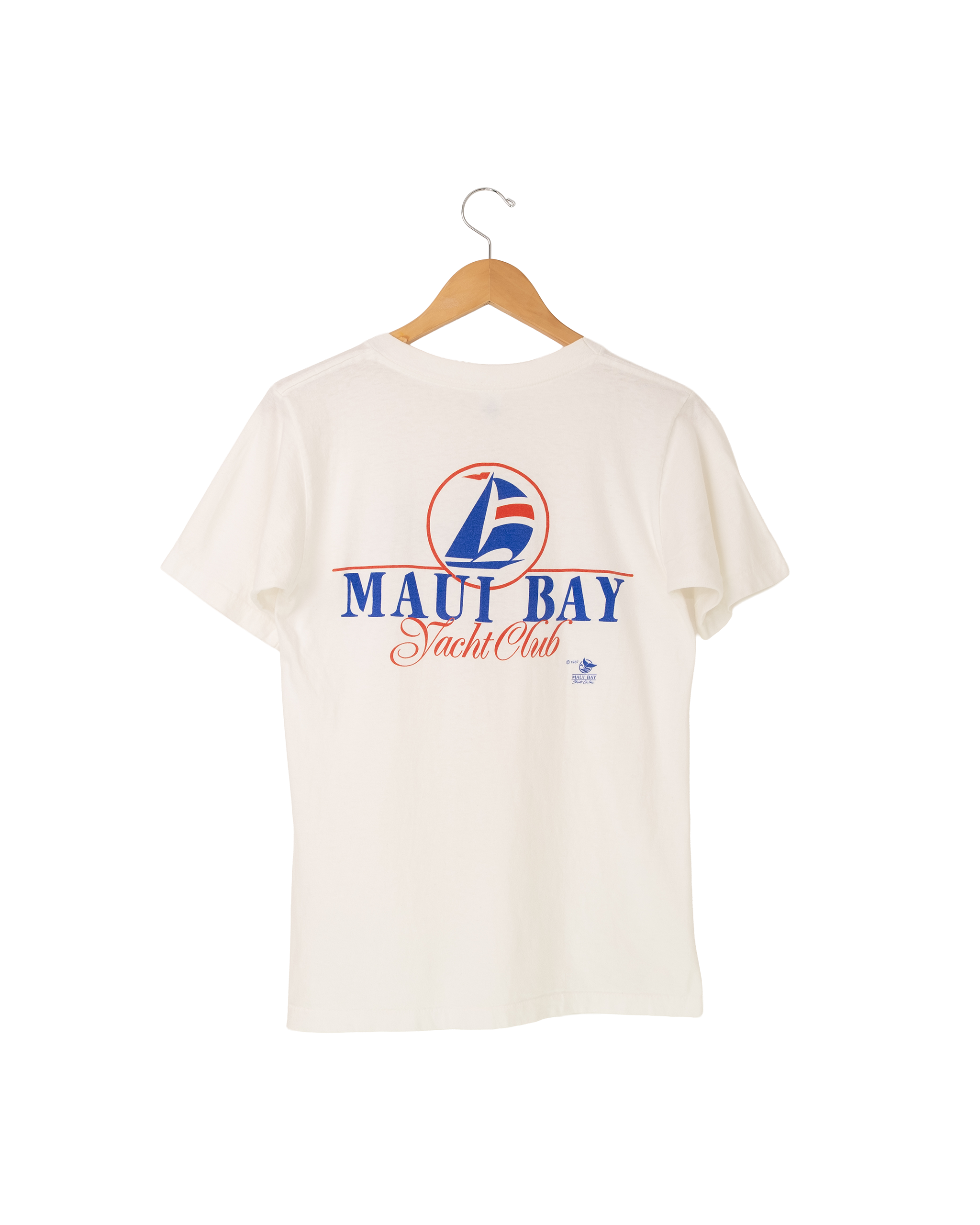 Back view of 1987 Maui Bay Yacht Club tee with large red and blue sailboat graphic.