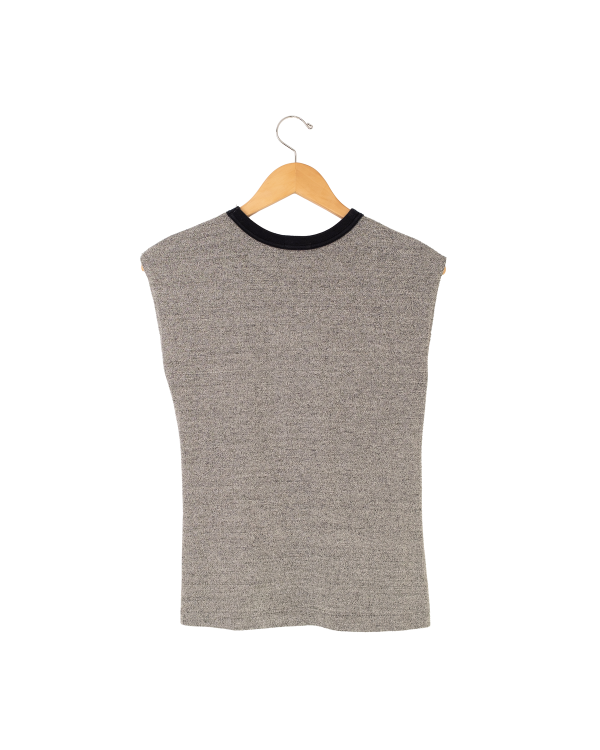 Back view of 1990s Nino Deem sleeveless top in heather gray with black neckline and arm trim.