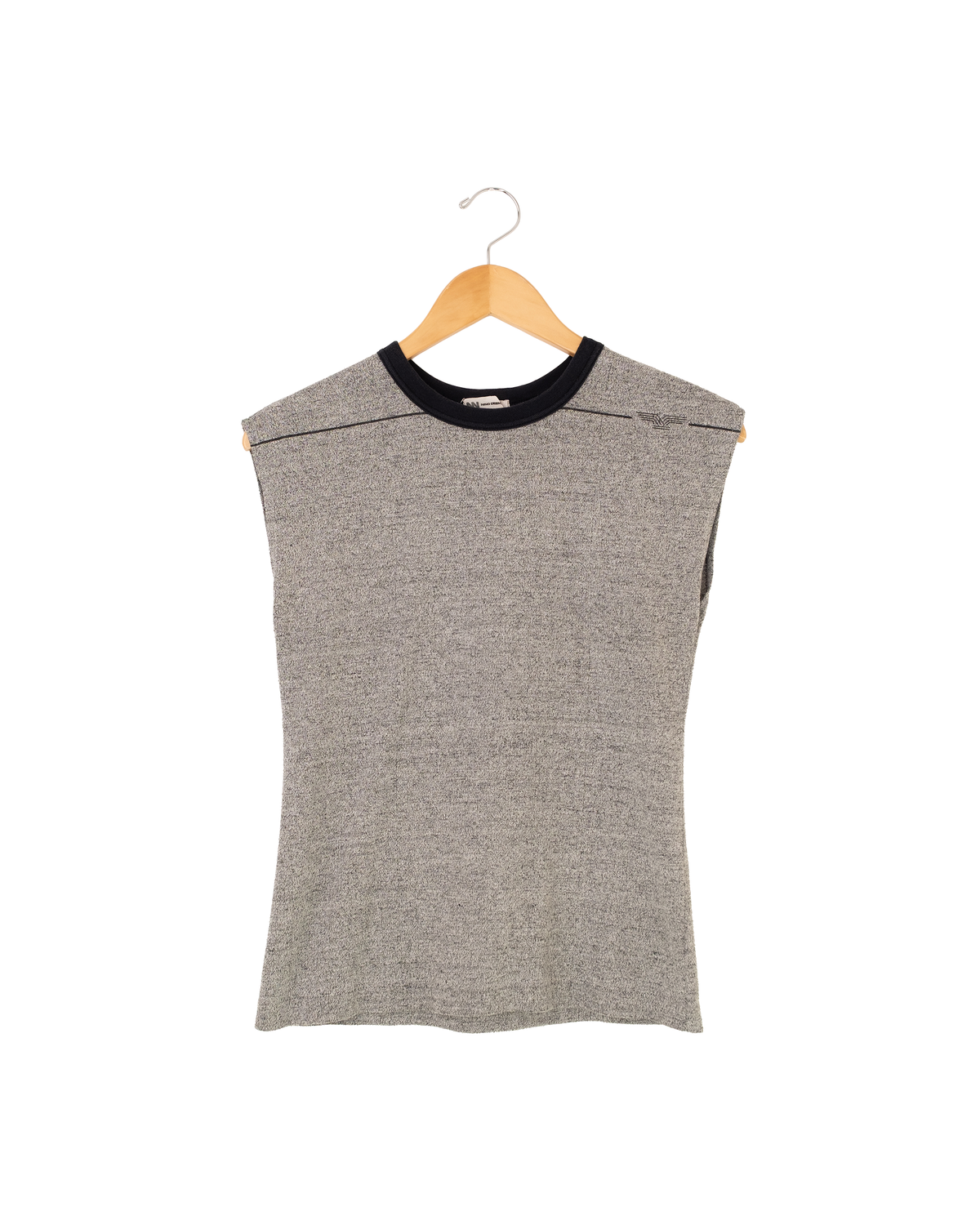 Front view of 1990s Nino Deem sleeveless top in heather gray with black contrast trim.