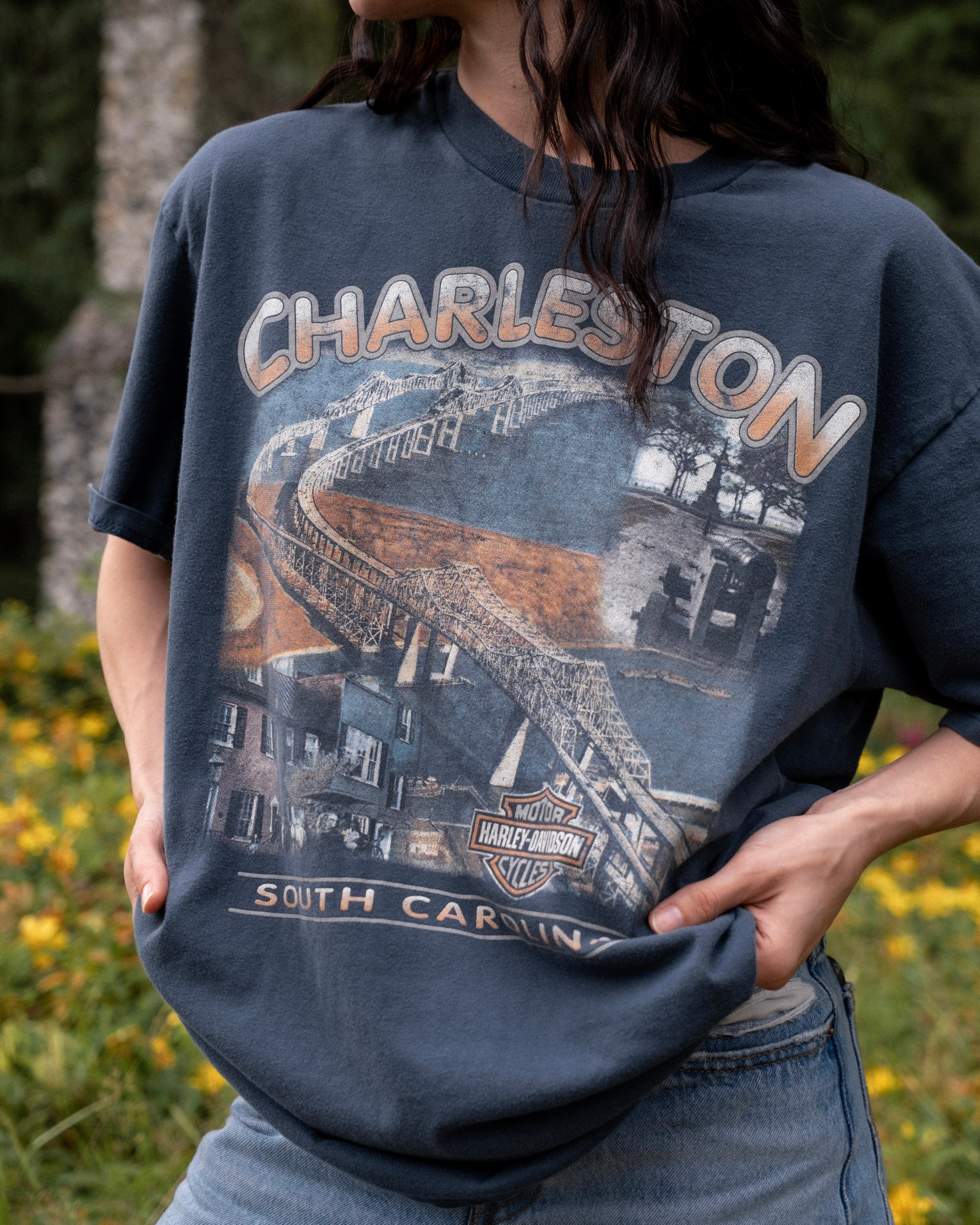 Model view of faded navy 1990s Harley-Davidson Low Country Charleston graphic tee.