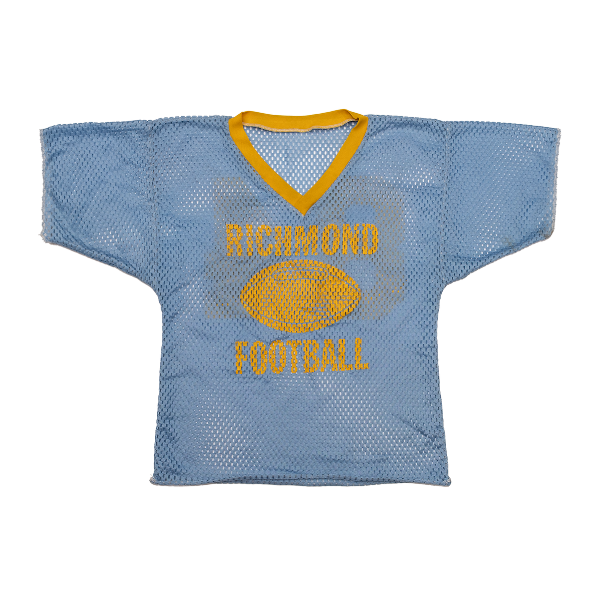 Front view of 1980s Richmond #84 Russell Athletic football jersey in powder blue, white, and gold mesh.