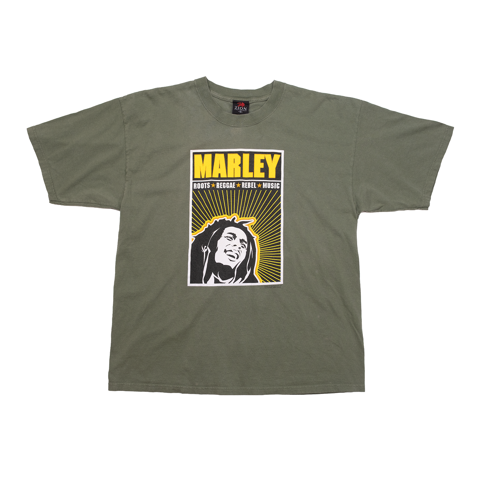Front view of 2004 Bob Marley Roots Reggae Rebel Music tee in olive green.