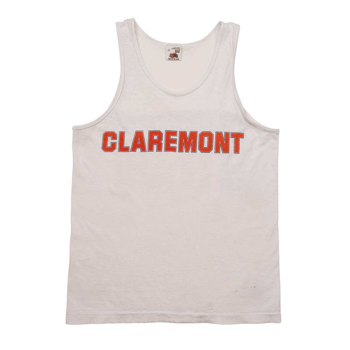 Front view of 1990s Claremont cross country team tank in white with orange and navy lettering.