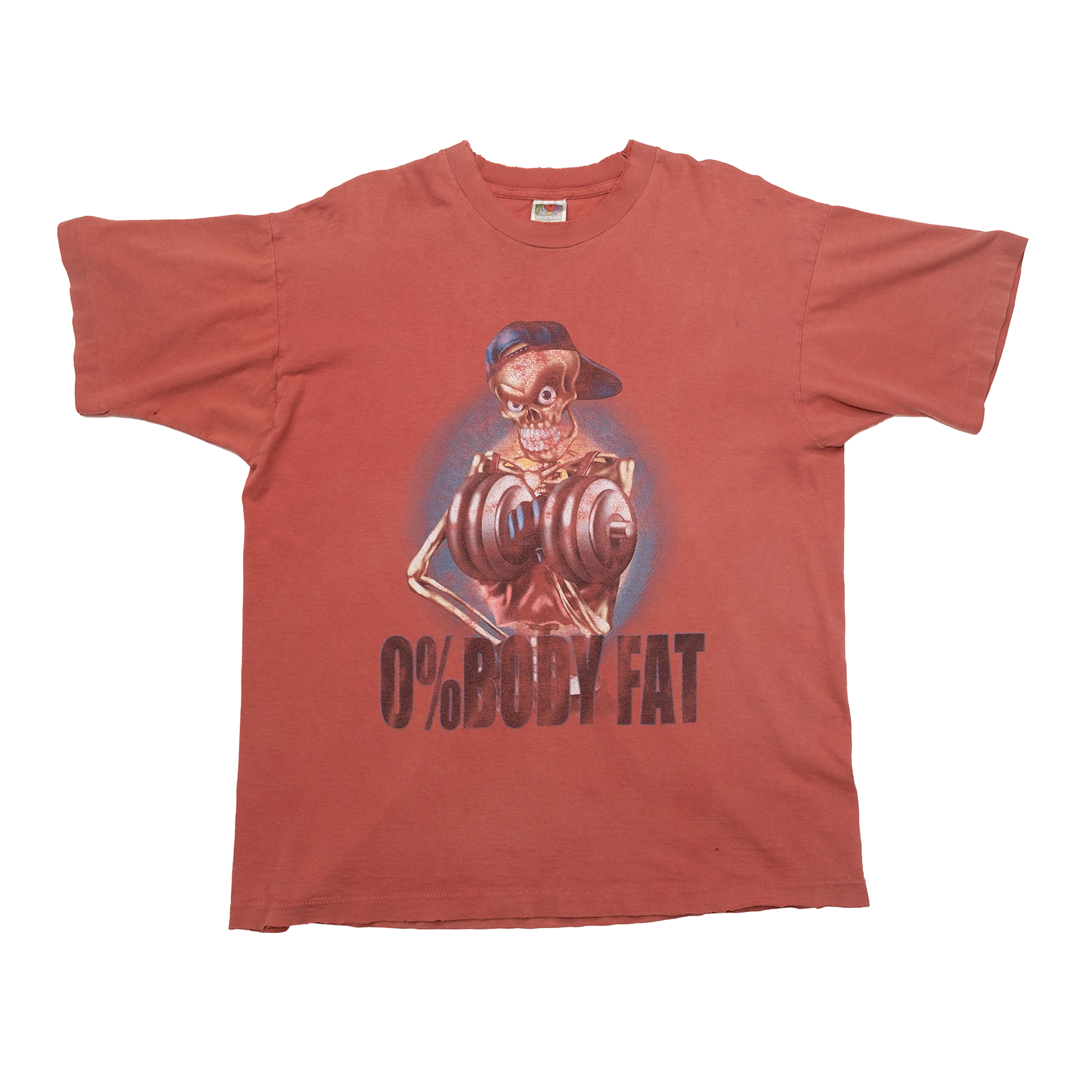 Front view of 1990s 0% Body Fat gym tee with skeleton weightlifting graphic in faded rust.