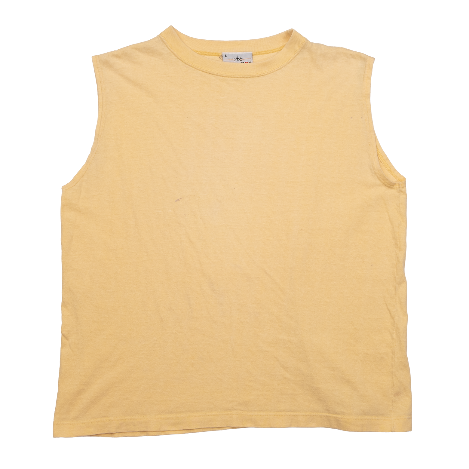 Front view of 1990s Fire Fox yellow sleeveless tee with crew neck and broad shoulders.