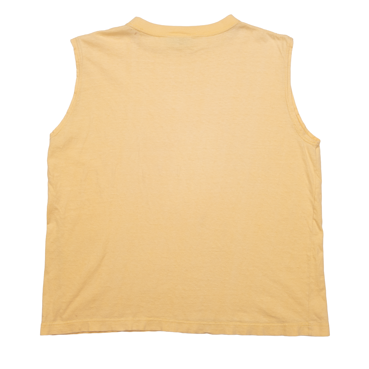 Back view of 1990s Fire Fox yellow sleeveless tee with faded vintage finish.