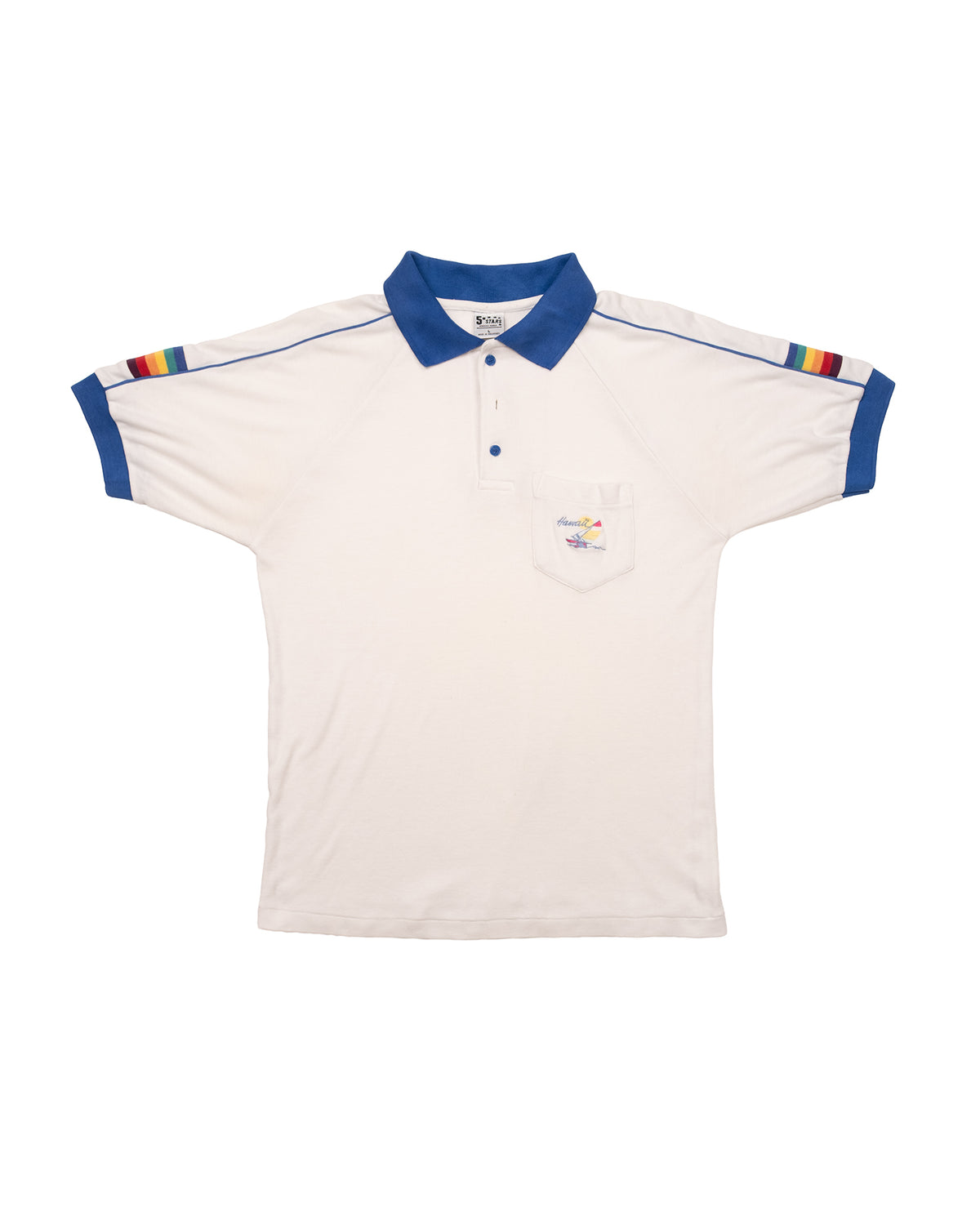 Front view of vintage 1980s 5 Stars Hawaii polo with rainbow sleeves and blue trim. 