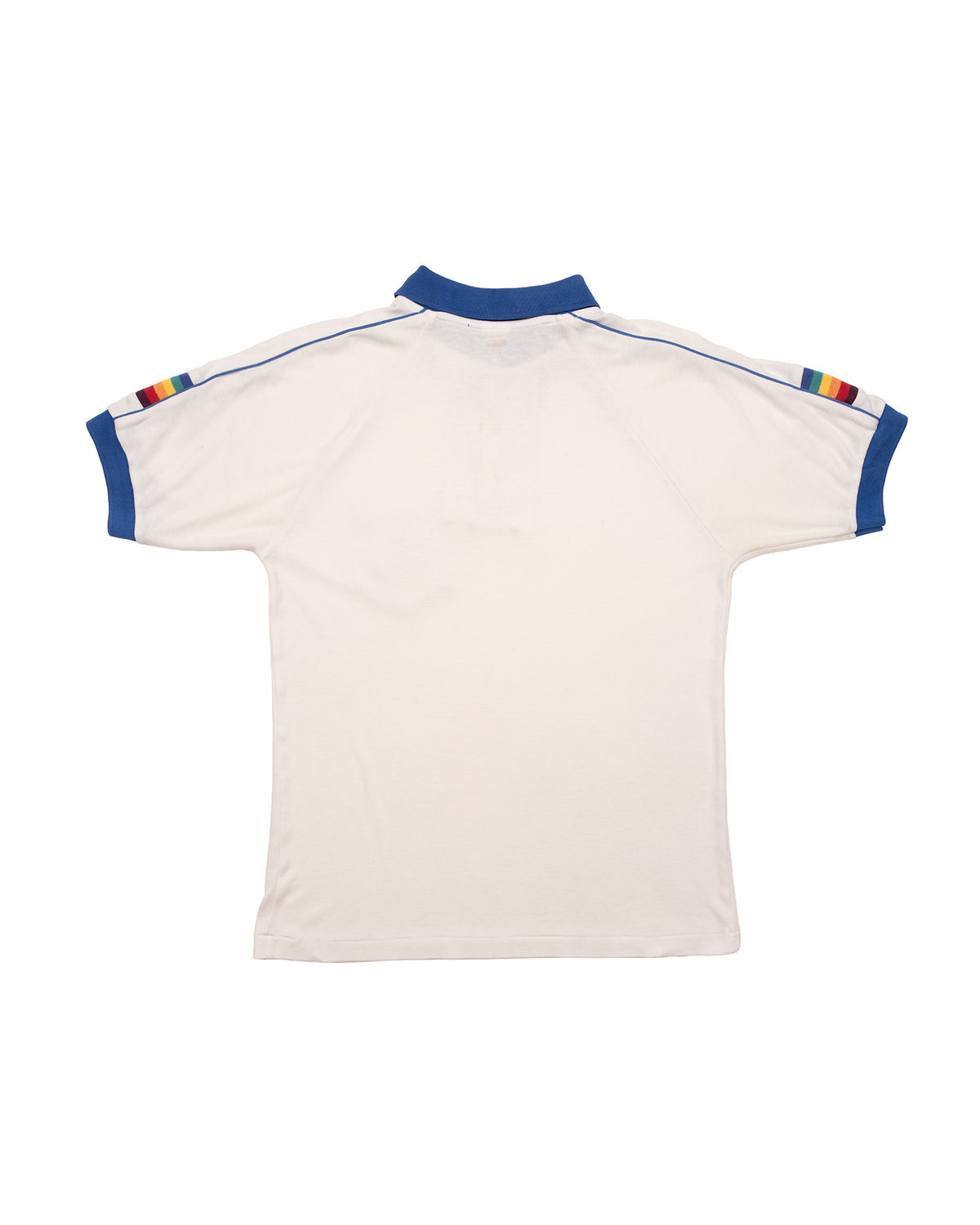 Back view of vintage 1980s 5 Stars Hawaii polo with rainbow sleeve stripes and blue trim