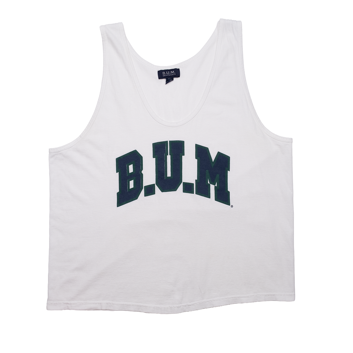 Vintage 1990s white B.U.M. Equipment logo tank top, front view