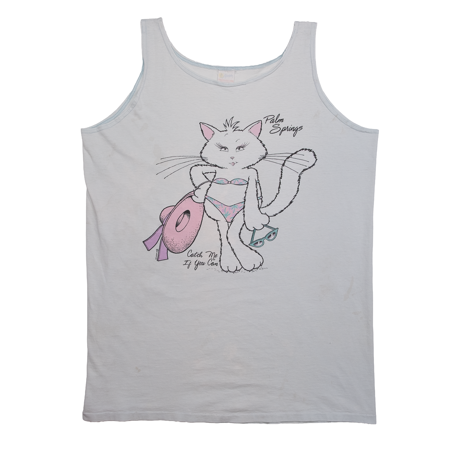 Vintage 1987 pale blue Palm Springs cat graphic tank top, front view