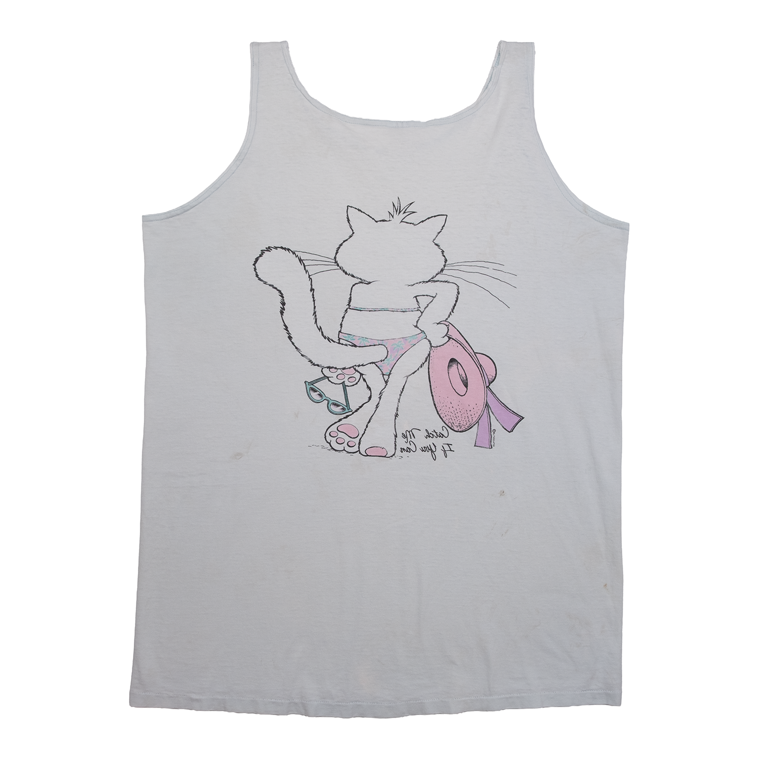 Vintage Palm Springs cat tank top with two-sided pastel graphic, back view