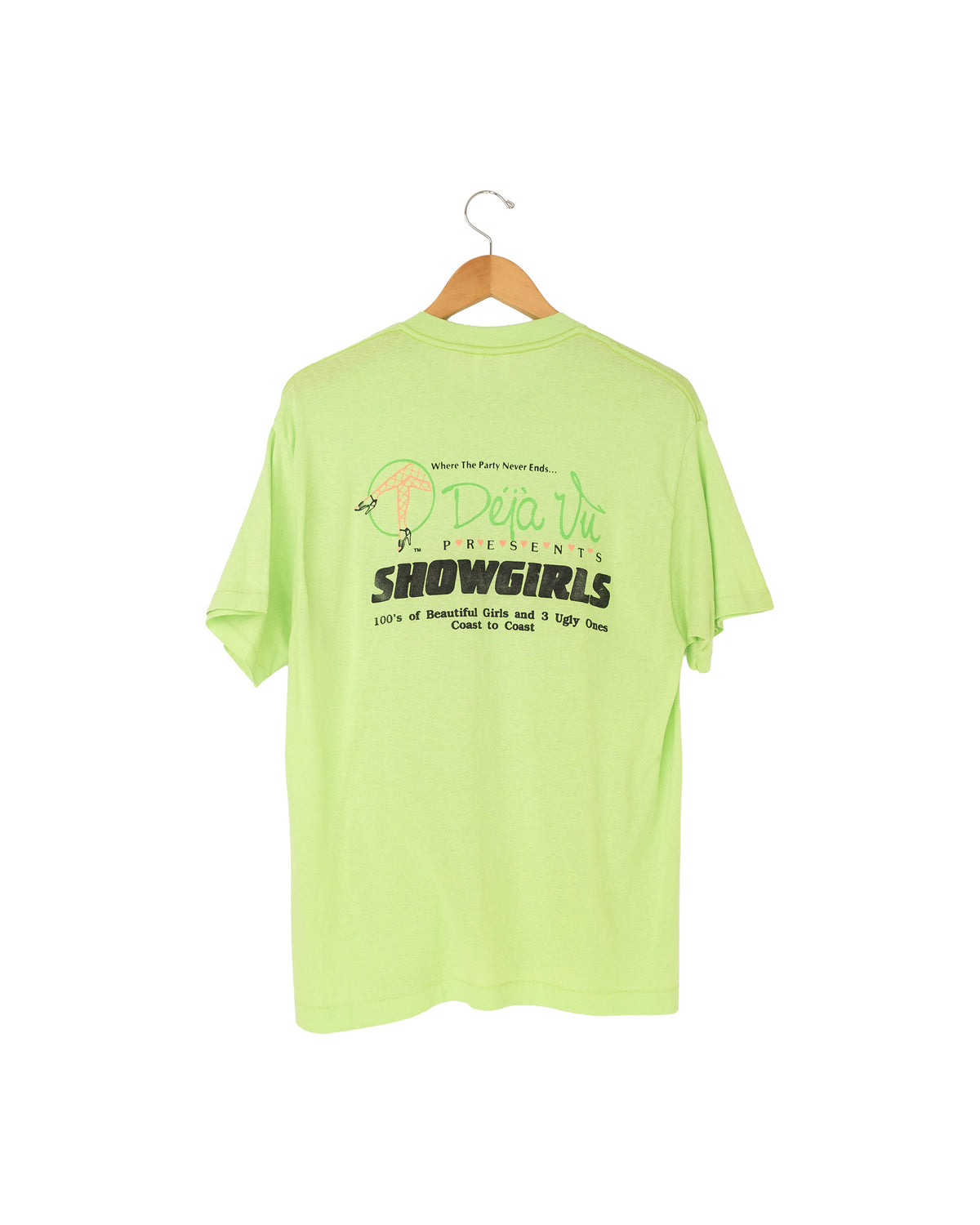 Back view of late-1980s Deja Vu Showgirls neon green T-shirt with large coast-to-coast graphic.