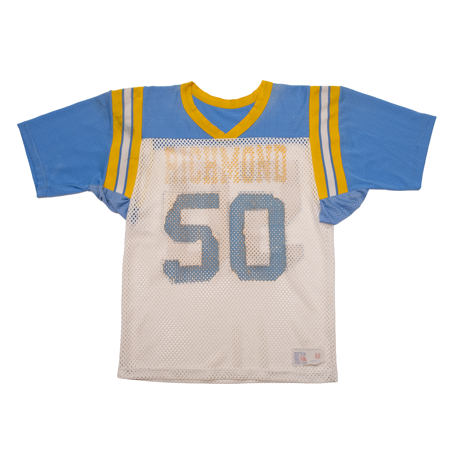 Front view of 1980s Richmond #50 Russell Athletic football jersey in powder blue, white, and gold mesh.