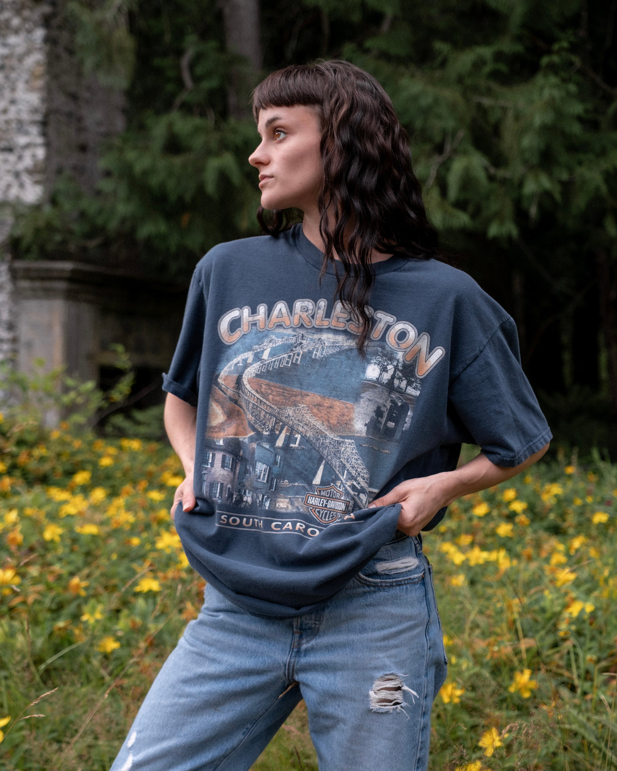 Model wearing 1990s Harley-Davidson Low Country Charleston tee in faded navy.