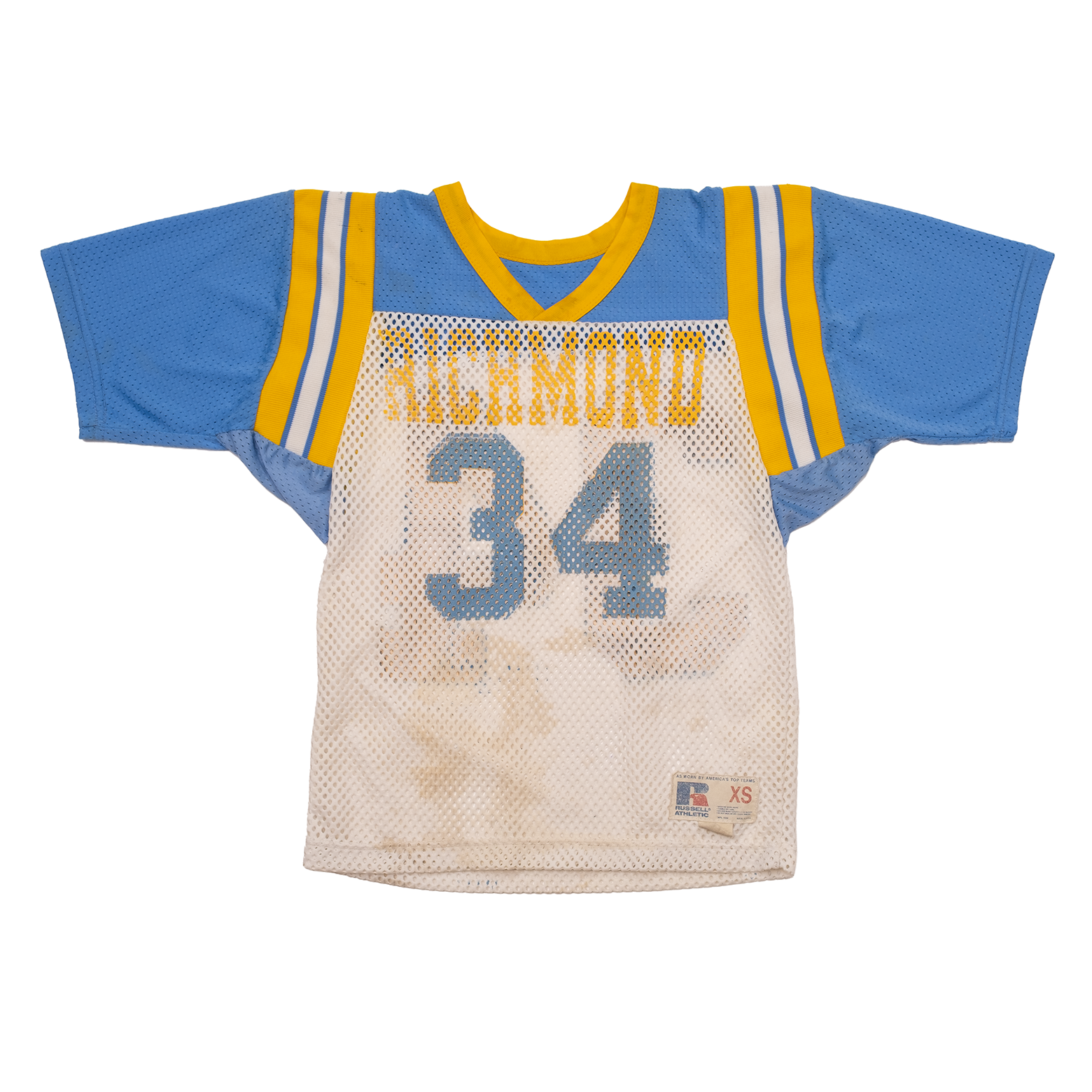 Front view of 1980s Richmond #34 Russell Athletic football jersey in powder blue, white, and gold mesh.