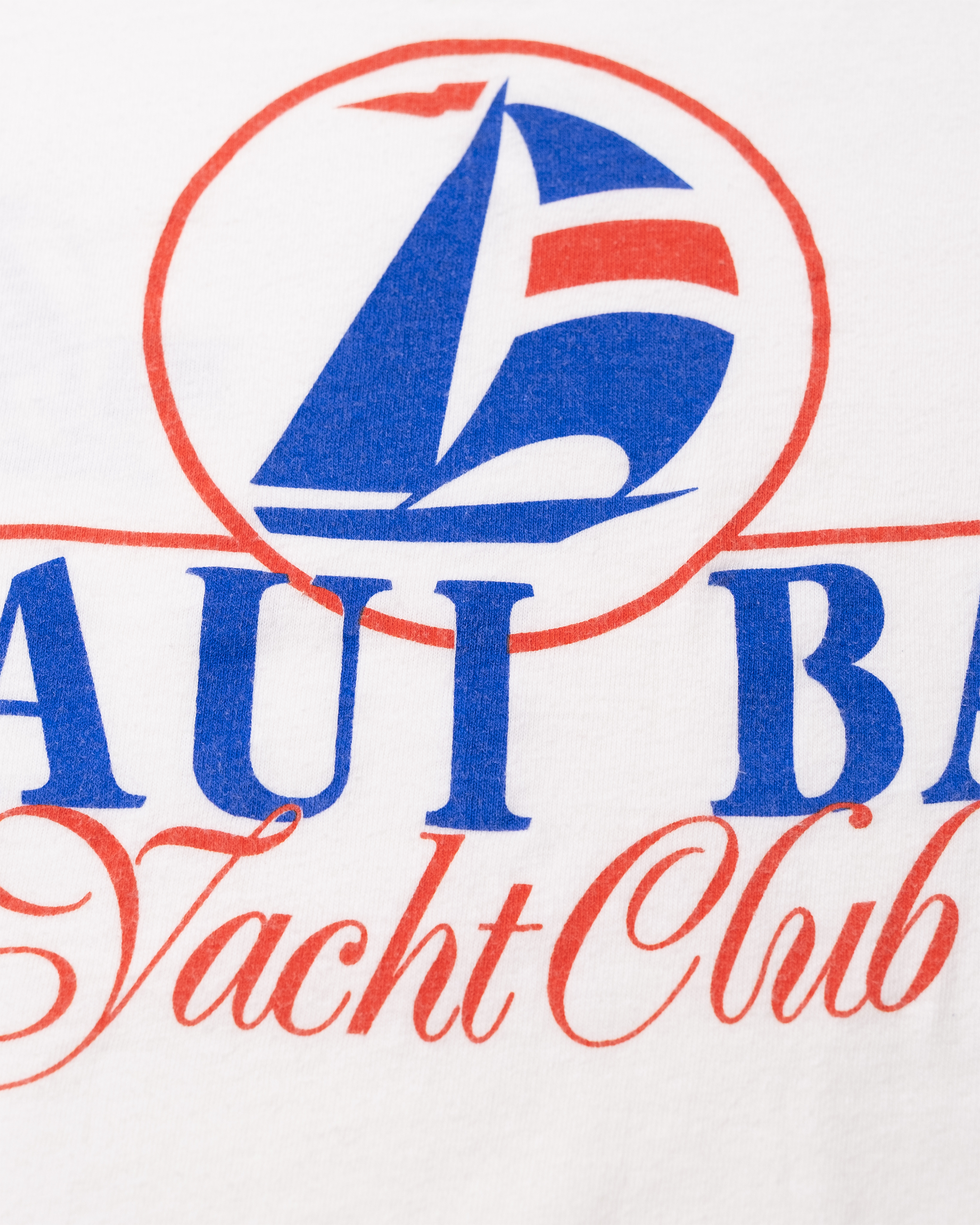 Close-up of large Maui Bay Yacht Club back graphic on 1987 vintage white T-shirt.