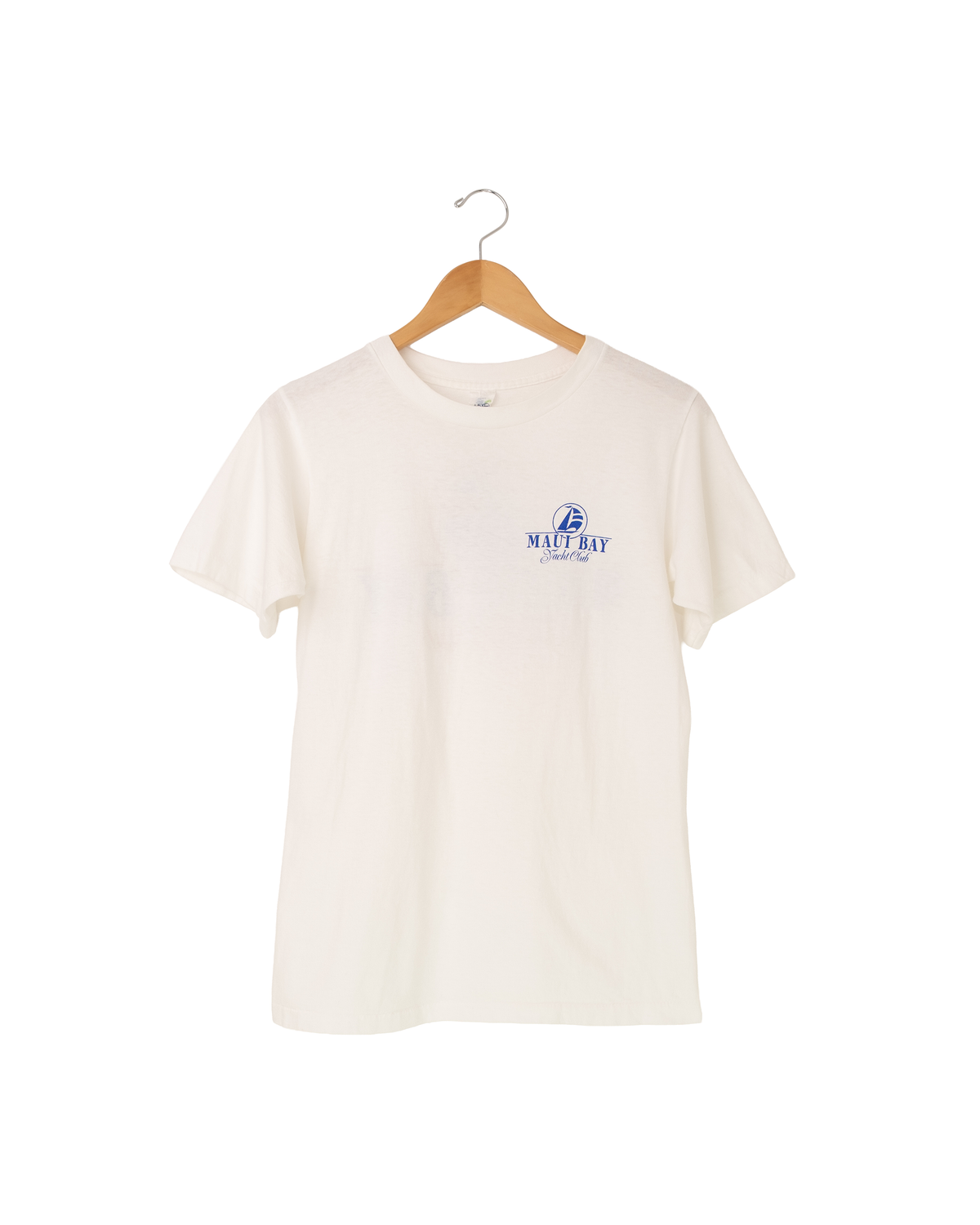 Front view of 1987 Maui Bay Yacht Club tee with small blue chest logo on white cotton.