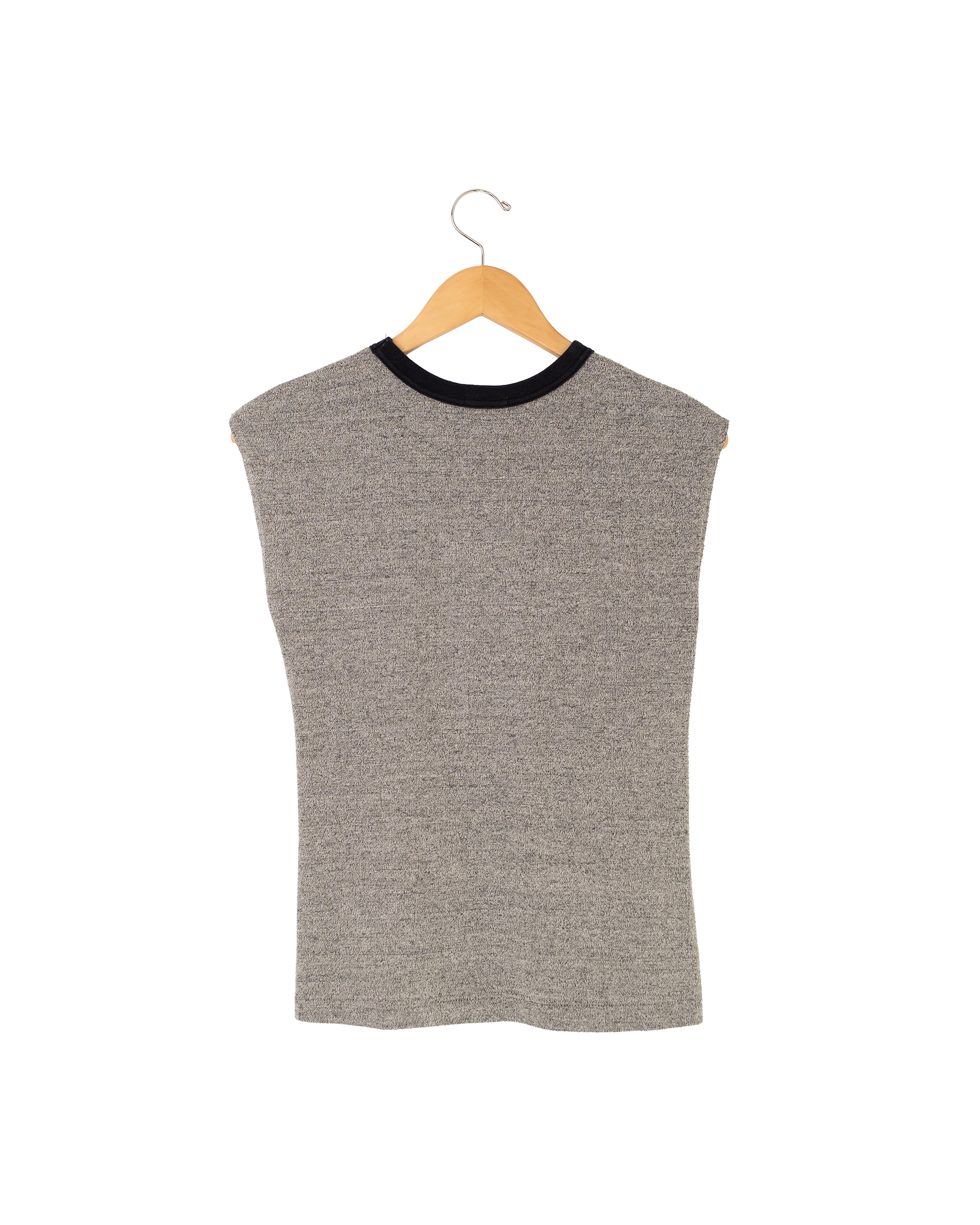 Back view of 1990s Nino Deem sleeveless top in heather gray with black neckline and arm trim.